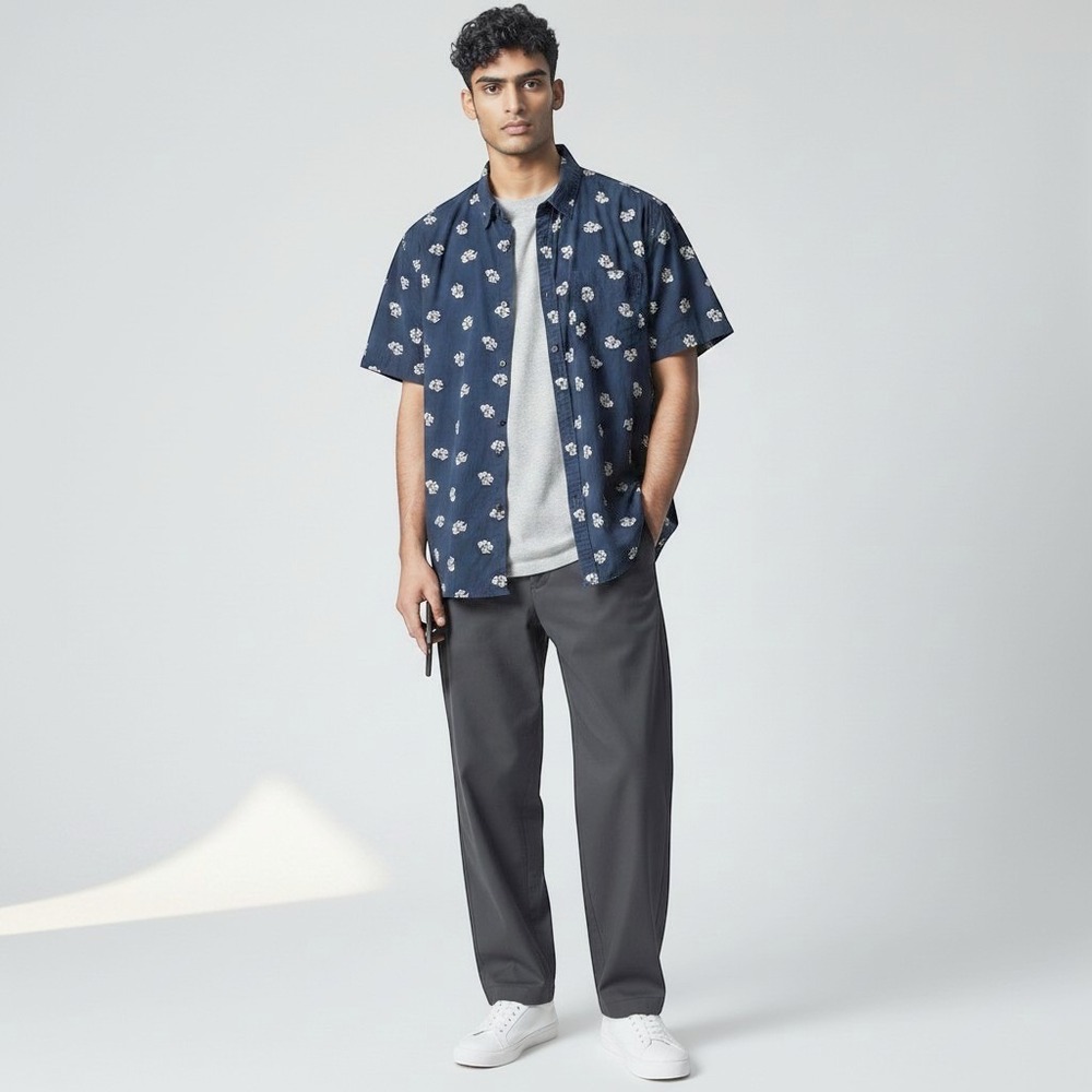 Cactus Button Down Shirt Men Large Navy Blue Palm Tree Print Short Sleeve Cotton